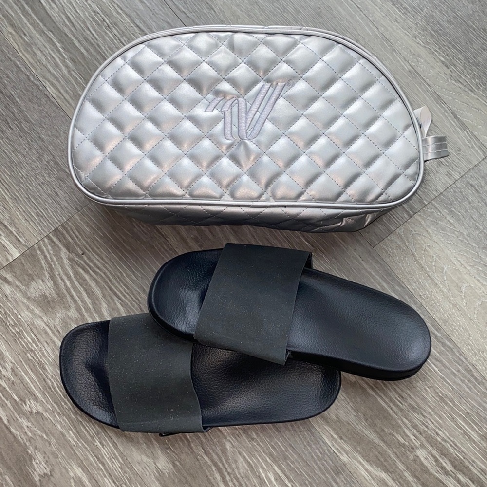 Nfinity Black Glitter Slides w/ Varsity Travel Bag